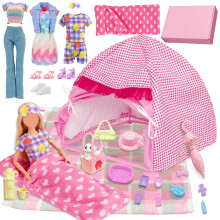 28Pcs Doll Clothes Travel Camping Tent Set, 11.5 Inch Dolls Accessories with Doll Tent Sleep Bag Clothes Picnic Mat Pet Supplies Travel Goods Pet Dog