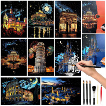 8 Pcs Scratch Art Complete Tool Kit, City Series Landmark Building Night Scene, DIY Foil Engraving Boards