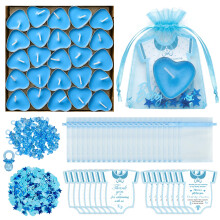 Blue Baby Shower Favors for Guests - 50 Sets Tea Light Candle Party Favours with Thank You Cards, Organza Bags & Decorative Mini Pacifier Charms