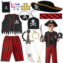 Fictoria Kids Pirate Costume Boys Fancy Dress Outfit, Buccaneer Accessories Set with Hat Vest Sword and Treasure