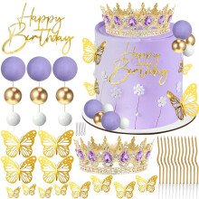 VelvetGlow Crown Cake Topper, Balls Happy Birthday Cake Topper Red Crown Birthday Candles Gold Butterflies, Corona Para Pastel