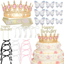 34Pcs Crown Cake Toppers, Birthday Crown Decorations with Birthday Ribbon, Corona Para Cake, Dessert Embellishments for Weddings