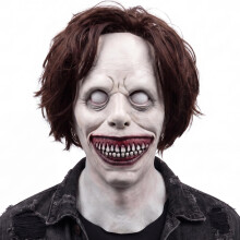 Scary White Demon Smile Mask with Hair Realistic Demon Head Mask for Adult Halloween Latex Horror Costume Accessory Prop