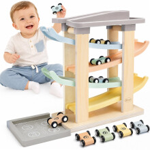 Joyreal Car Ramp Toy - Montessori Toys for 1 2 Years Old, Ramp Racer Toy Vehicle Set with 4 Mini Cars & Race Tracks & Car Garage