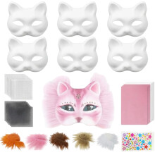 6 Cat Masks for Painting,Cat Masks to Decorate,DIY Graffiti Blank Cat Mask with Fur Self Adhesive Felt Sheet Eye Mesh and Colour Pigment,for
