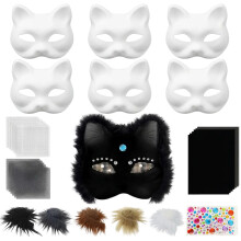 6 Cat Masks for Painting,Cat Masks to Decorate,DIY Graffiti Blank Cat Mask with Fur Self Adhesive Felt Sheet Eye Mesh and Colour Pigment,for