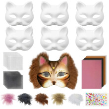 6 Cat Masks for Painting,Cat Masks to Decorate,DIY Graffiti Blank Cat Mask with Fur Self Adhesive Felt Sheet Eye Mesh and Colour Pigment,for