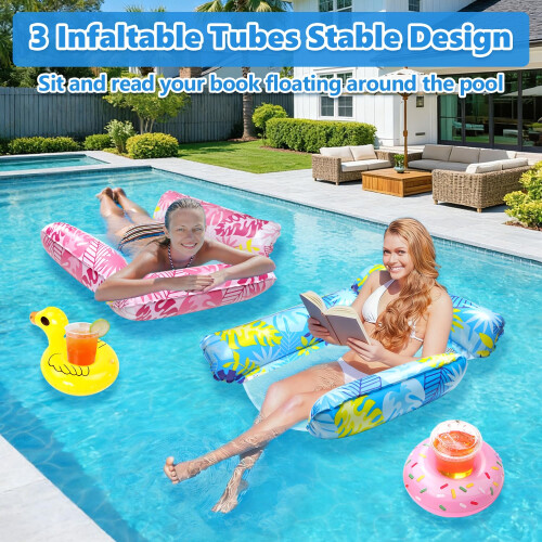 2 Pack Lilo Pool Inflatables with 2 Drink Holders and 1 Air Pump 2