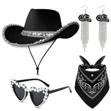 Cowboy Hat Set for Women Sequin Western Hat Bandana Earring Heart Sunglasses Cowgirl Costume Accessories for Fancy Dress Festivals