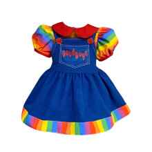 Toddler Baby Girls Halloween Killer Doll Costume Rainbow Doll Collar Puff Sleeve Tops Suspender Skirt Set Horror Chucky Cosplay Outfit