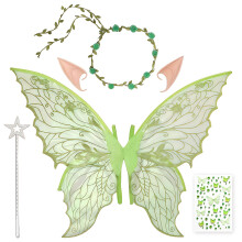 5PCS Fairy Wings,Butterfly Wings Cape with Wand, Crown, Fairy Ears, Flower Headband and Diamond Stickers