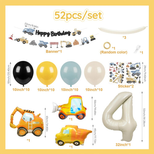4th Birthday Decorations Boy, 52Pcs Digger Birthday Decorations 1