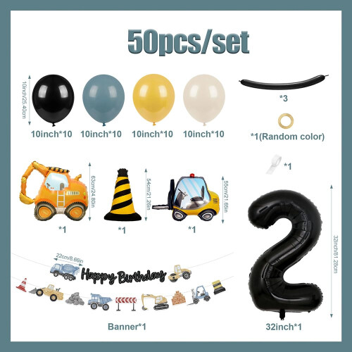 2nd Birthday Decorations Boy, 50Pcs Digger Birthday Decorations 1