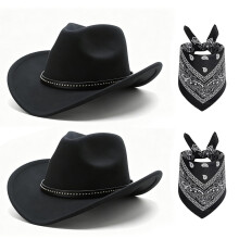 2 Pack Cowboy Hats and Bandanas for Men and Women, Vintage Cowboy Party Accessories Includes 2 Vintage Cowboy Hats Black, Size:L