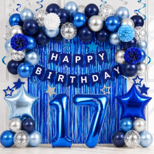Blue Silver 17th Birthday Party Decoration for Boy Number 17 Party Balloons