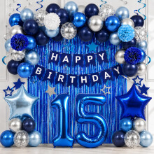 15th Birthday Party Decorations for Boys Blue Silver Number 15 Balloon Set