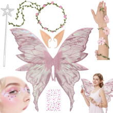 Fairy Wings, Halloween Costumes, 6 PCS Fairy Wings Adult Set with Wings Elf Ears Flower Crown Magic Wand Stickers and Fairy Flower Arm Wrap
