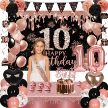 10th Birthday Decorations Black Rose Gold Party Decor Set for Girls