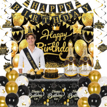 Happy Birthday Decorations Black Gold Party Decor Set for Men Women