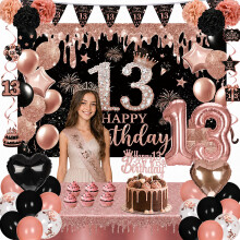 13th Birthday Decorations Black Rose Gold Party Decor Set for Girls