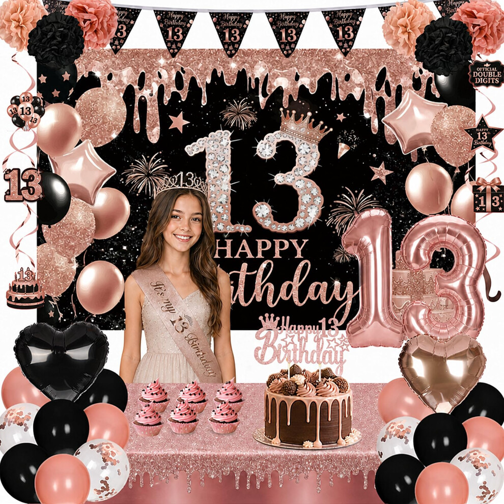 Bafeil 13Th Birthday Decorations Black Rose Gold Party Decor Set For Girls
