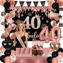 40th Birthday Decorations Black Rose Gold Party Decor Set for Girls