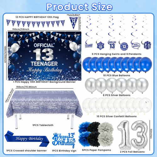 13th Birthday Decorations Blue Silver Party Decor Set for Men Boys 1