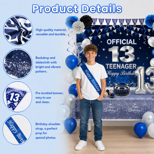 13th Birthday Decorations Blue Silver Party Decor Set for Men Boys 2