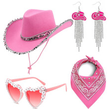 Cowboy Hat Set for Women Sequin Western Hat Bandana Earring Heart Sunglasses Cowgirl Costume Accessories for Fancy Dress Festivals