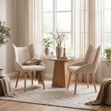 (Beige, Set of 2) Fabric Dining Chairs with Wooden Legs - GOEURVANT