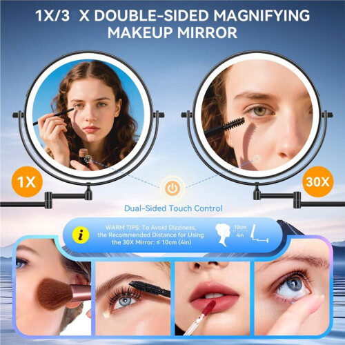 Wall Mounted Lighted Makeup Mirror, Rechargeable Double-Sided Magnifying Mirror with 3 Color LED, 360 Rotation 2