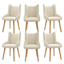 (Creme, Set of 6) Chenille Dining Chairs with Wooden Legs - GOEURVANT
