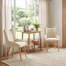 (Creme, Set of 2) Chenille Dining Chairs with Wooden Legs - GOEURVANT