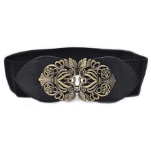 Women's Retro Flower Elastic Stretch Buckle Wide Waist Belt Waistband (Black)
