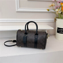 (Dark brown, 25.5*15.5*11.5) Retro Printed Cylindrical Boston Handbag Light Travel Bag