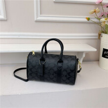 (Black, 25.5*15.5*11.5) Retro Printed Cylindrical Boston Handbag Light Travel Bag