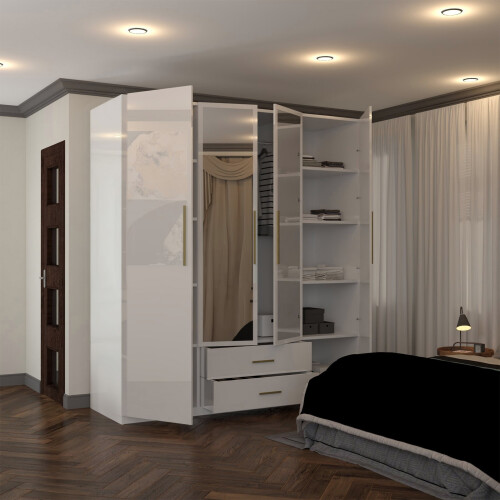 MN Furniture 4 Door Gloss Hinged Mirror Wardrobe White 160cm 2