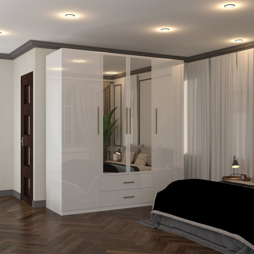 MN Furniture 4 Door Gloss Hinged Mirror Wardrobe White 160cm