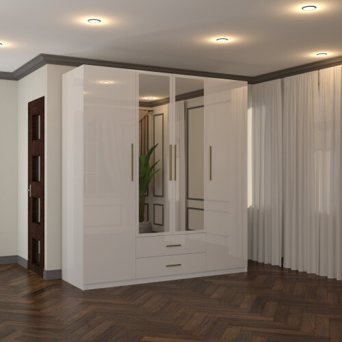 MN Furniture 4 Door Gloss Hinged Mirror Wardrobe White 160cm 1