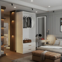 Gloss Hinged Wardrobe Mirror & Drawers White 90cm