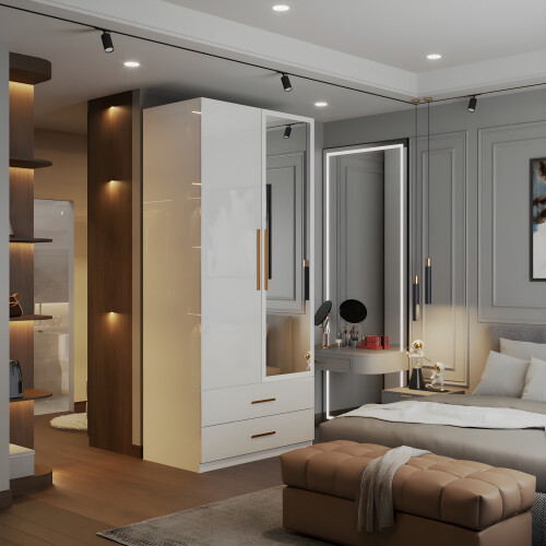 MN Furniture Gloss Hinged Wardrobe Mirror & Drawers White 90cm 1