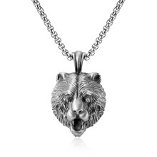 INS Brown Bear Head Pendant Necklace Men Hip Hop Punk Animal Stainless Steel Chain