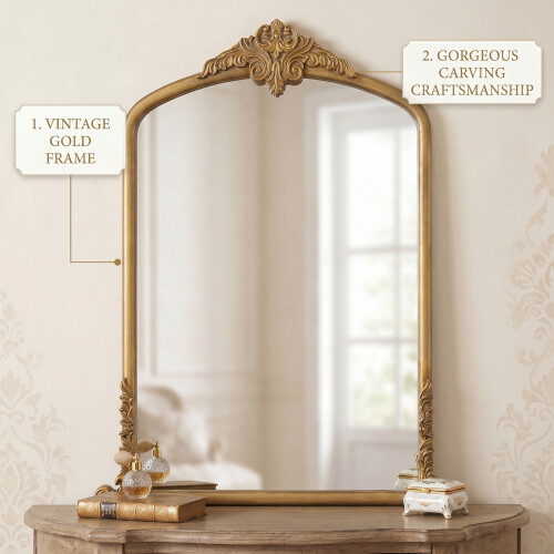 Living And Home Gold Arched Decorative Vanity Mirror with Carved Frame 2