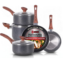 BARGAIN FACTORY Non-Stick Granite Pots and Pans 8 Pieces Set, Cookware Set, Induction Hob, Glass Lids, Wood-Look Handles, Cooking Marble Grey