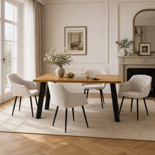 (Set of 5)Dining Table and Chairs Set, Rectangular Wooden Table with 4 Beige Armchairs 1