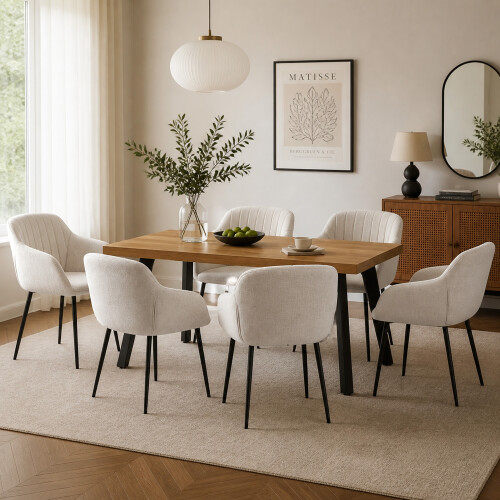 (Set of 7)Dining Table and Chairs Set, Rectangular Wooden Table with 6 Beige Armchairs 1