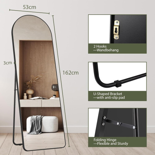 Black 162x53cm Arched Full Length Mirror Aluminium 2