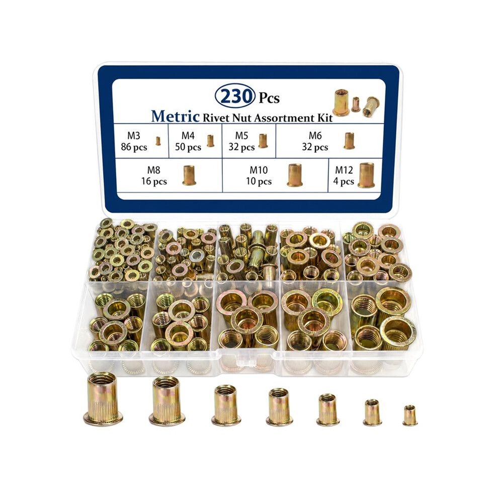 Fully Threaded Rivet Nut 230Pcs Metric Blind Rivet Nuts Kit, M3-M12 Zinc-Plated Flat- Threaded ...