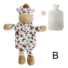 (Cow) 1L Winter Cute Elephant Hot Water Bottle Plush Soft Animal Shape with Fluffy Cover Hand Foot Warming Heating Pad Childre