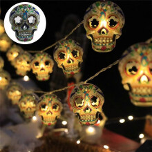 10 luzes de corda LED para Halloween com caveira pintada de 1,5 m branco quente a pilhas